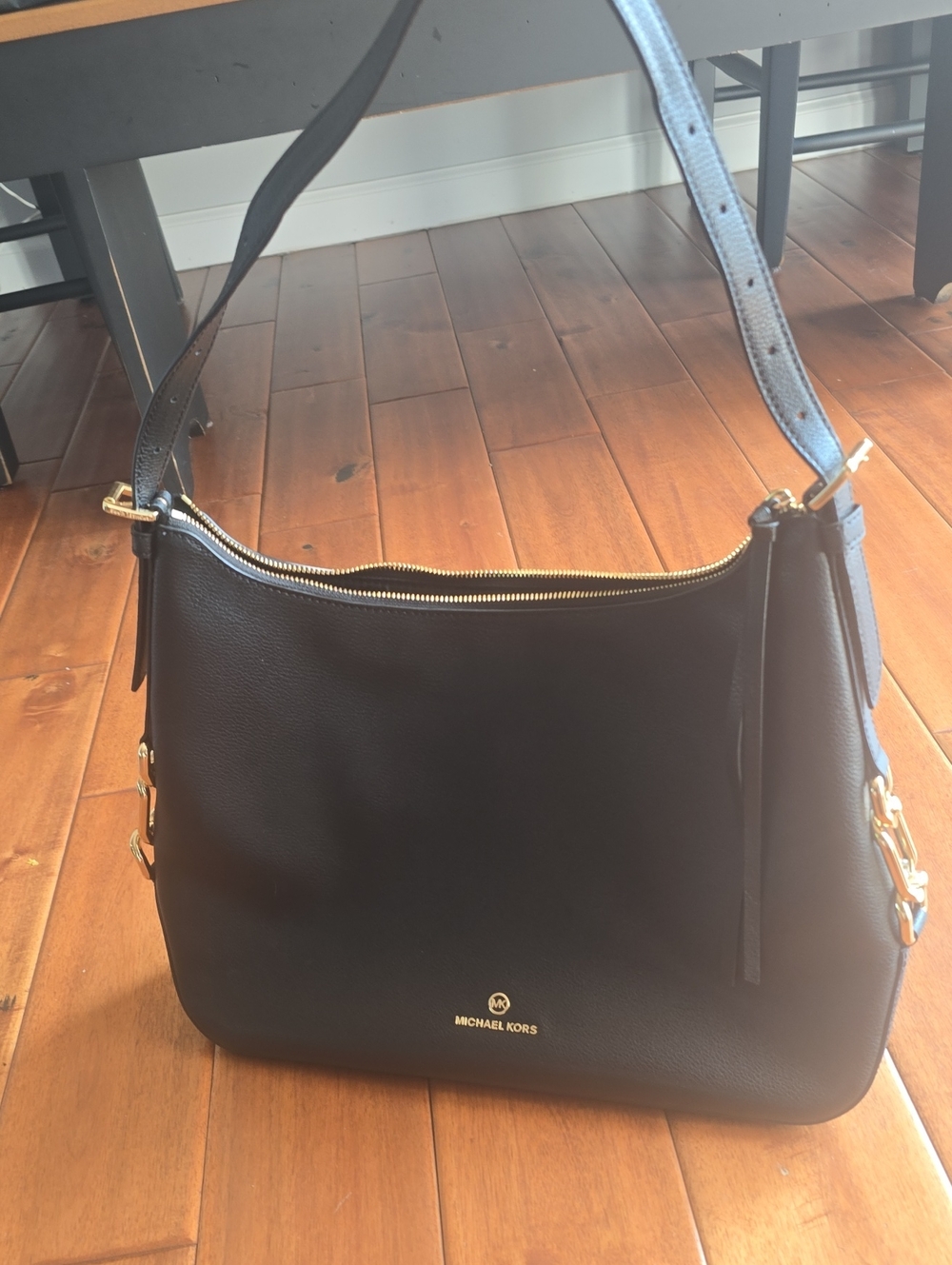 Michael Kors Black Pebbled Leather Shoulder Bag with Gold Hardware